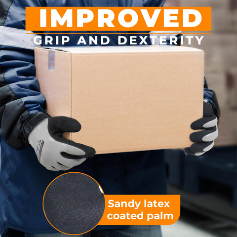 Hands gripping a box wearing HANDLANDY gloves for dry, secure transport.
