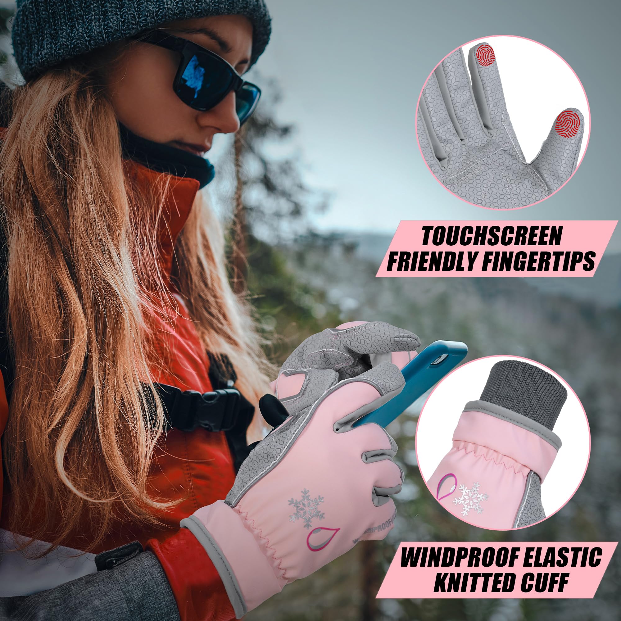 HANDLANDY pink grey gloves shown while shoveling snow in cold weather conditions.