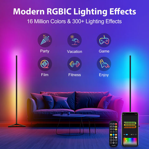 HANDSONIC floor lamp app and remote control for easy color and mode selection.