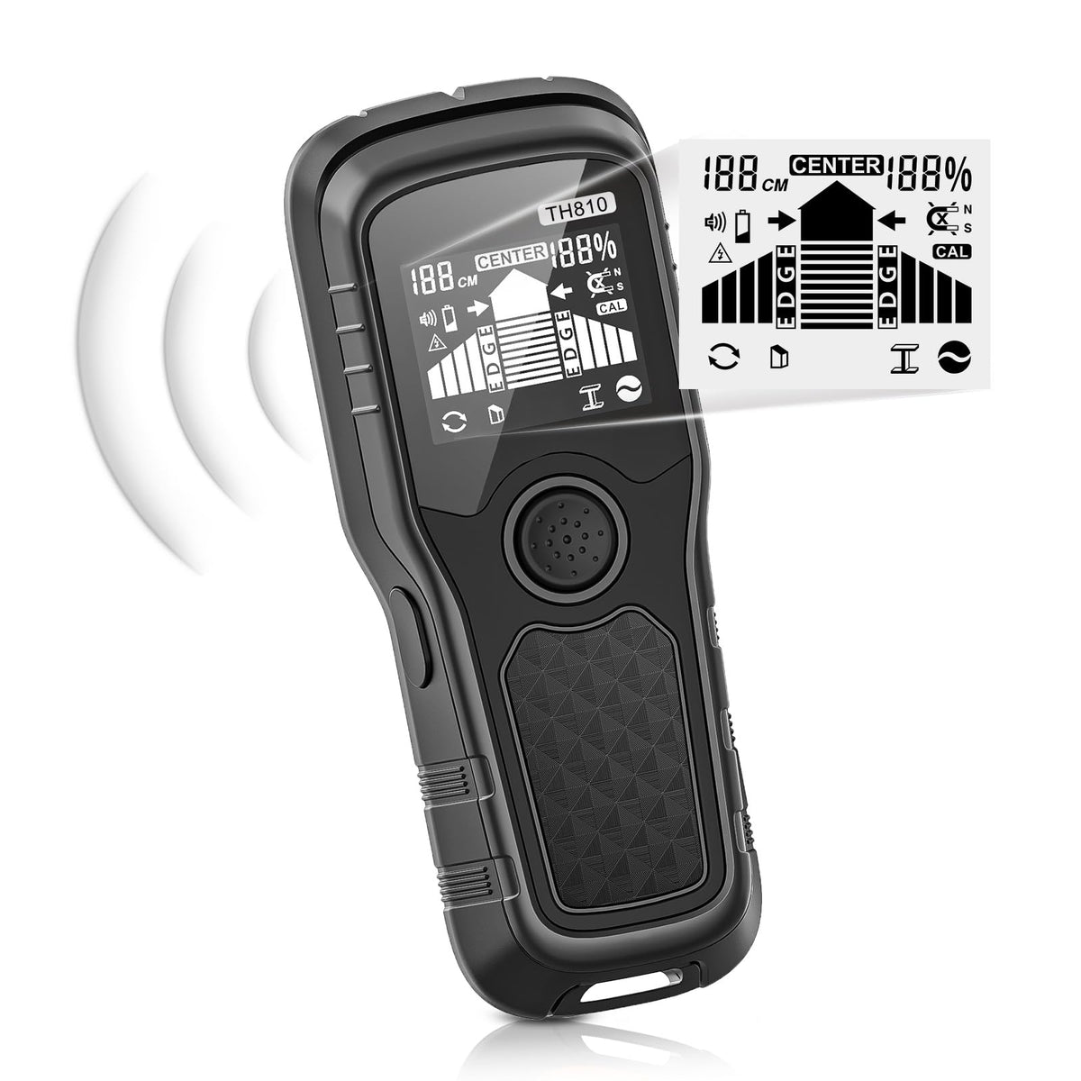 Handstar 6-in-1 stud finder with LCD display shows precise depth for mounting.