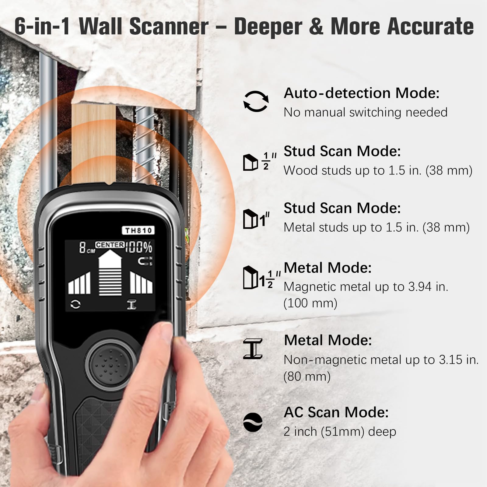 Handstar detects wood studs up to 1.5 inches for quick framing.