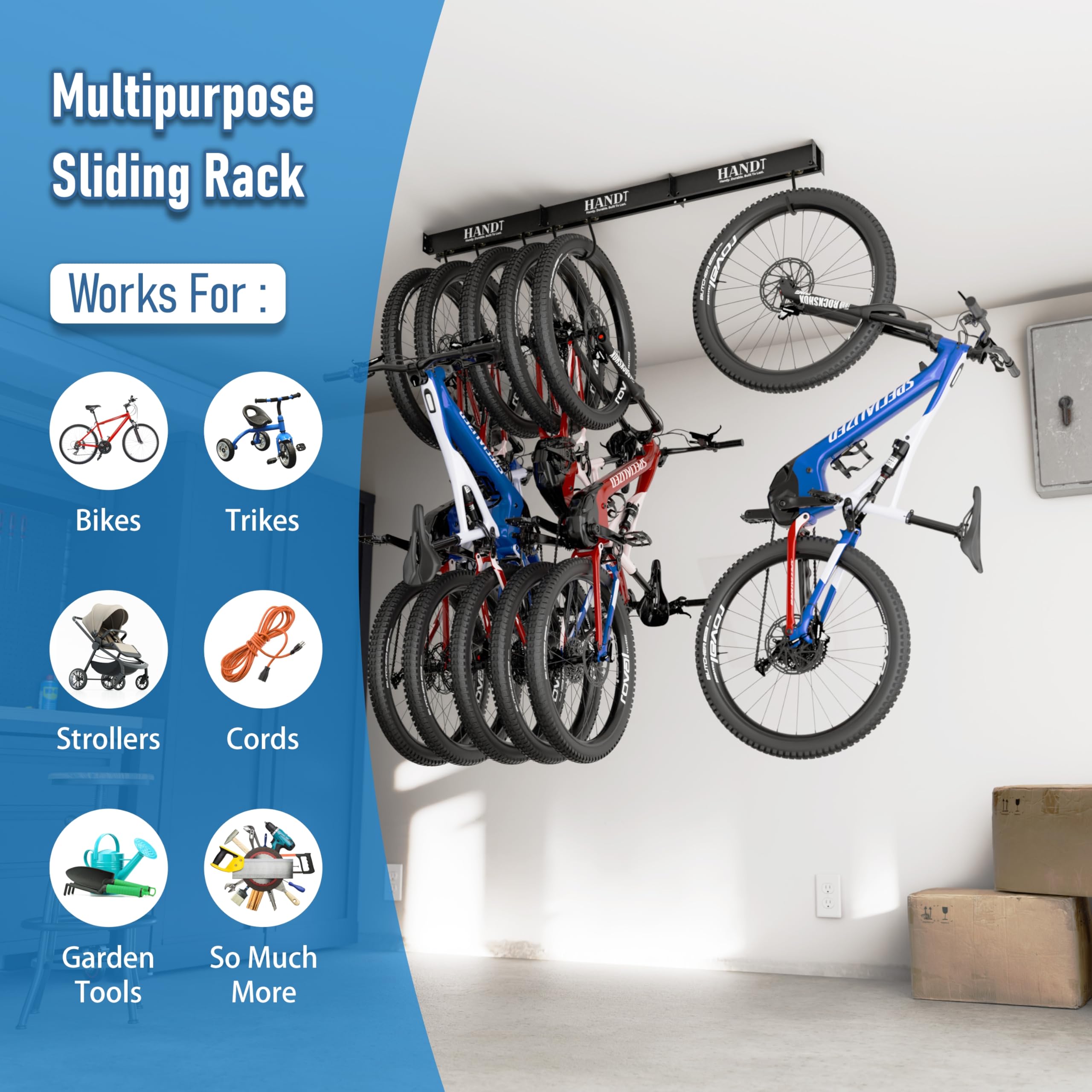 Vertical storage option showcased by six hooks on the HANDT rack