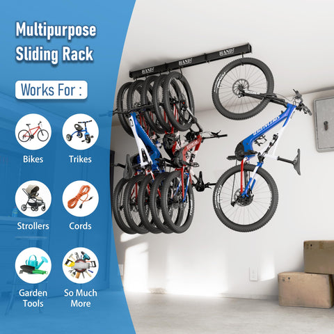 Vertical storage option showcased by six hooks on the HANDT rack
