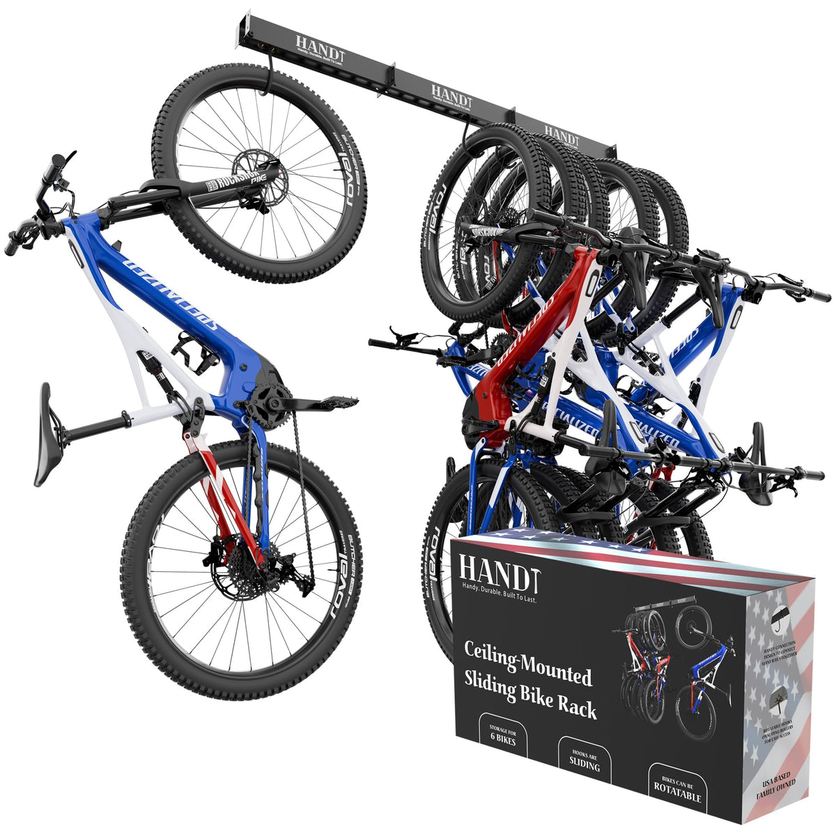 HANDT ceiling bike hanger showing six-bike slide for organized garage storage