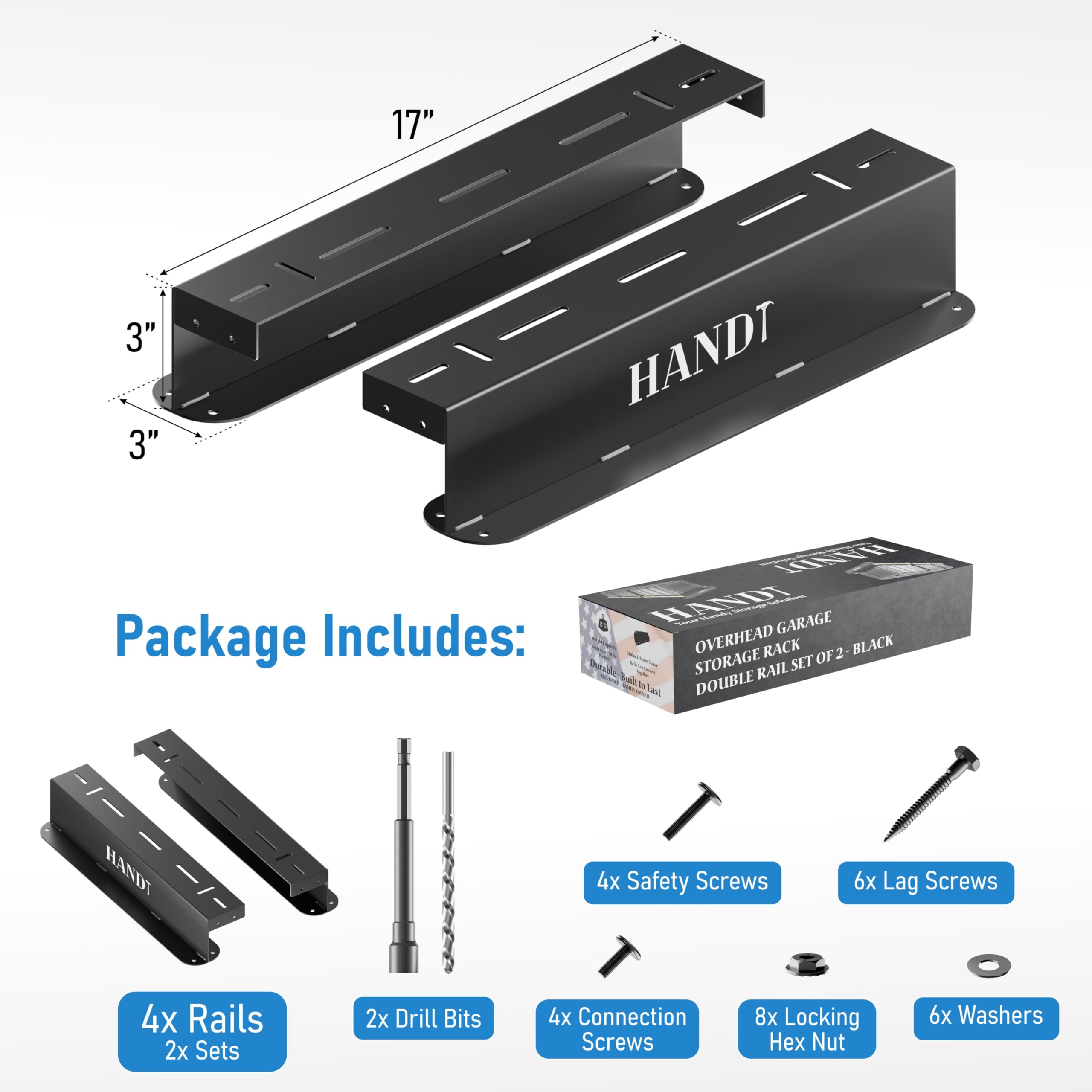 HANDT heavy-duty powder-coated steel rail close-up emphasizes durability