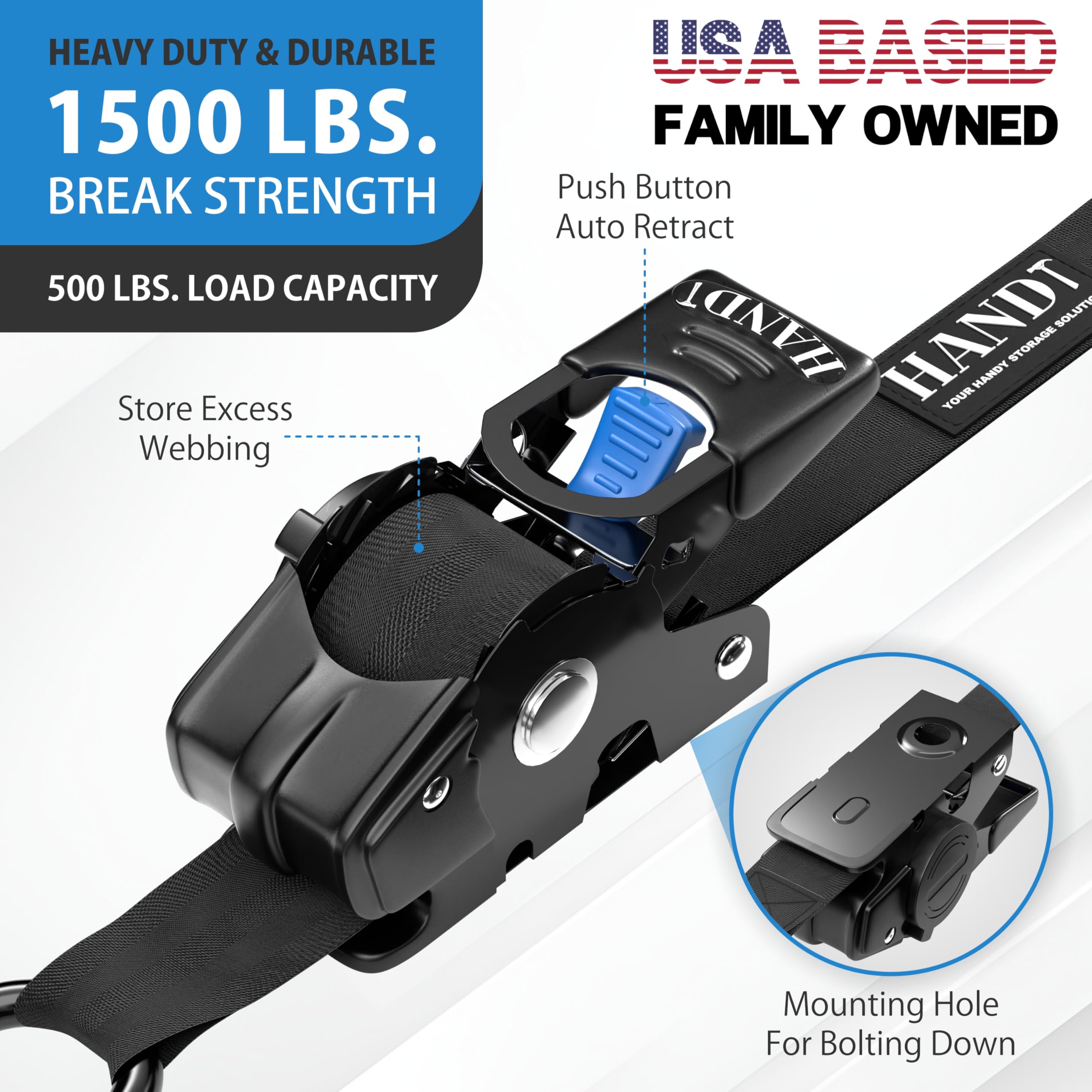 HANDT push-button retractable case keeps straps ready for quick tie-downs.