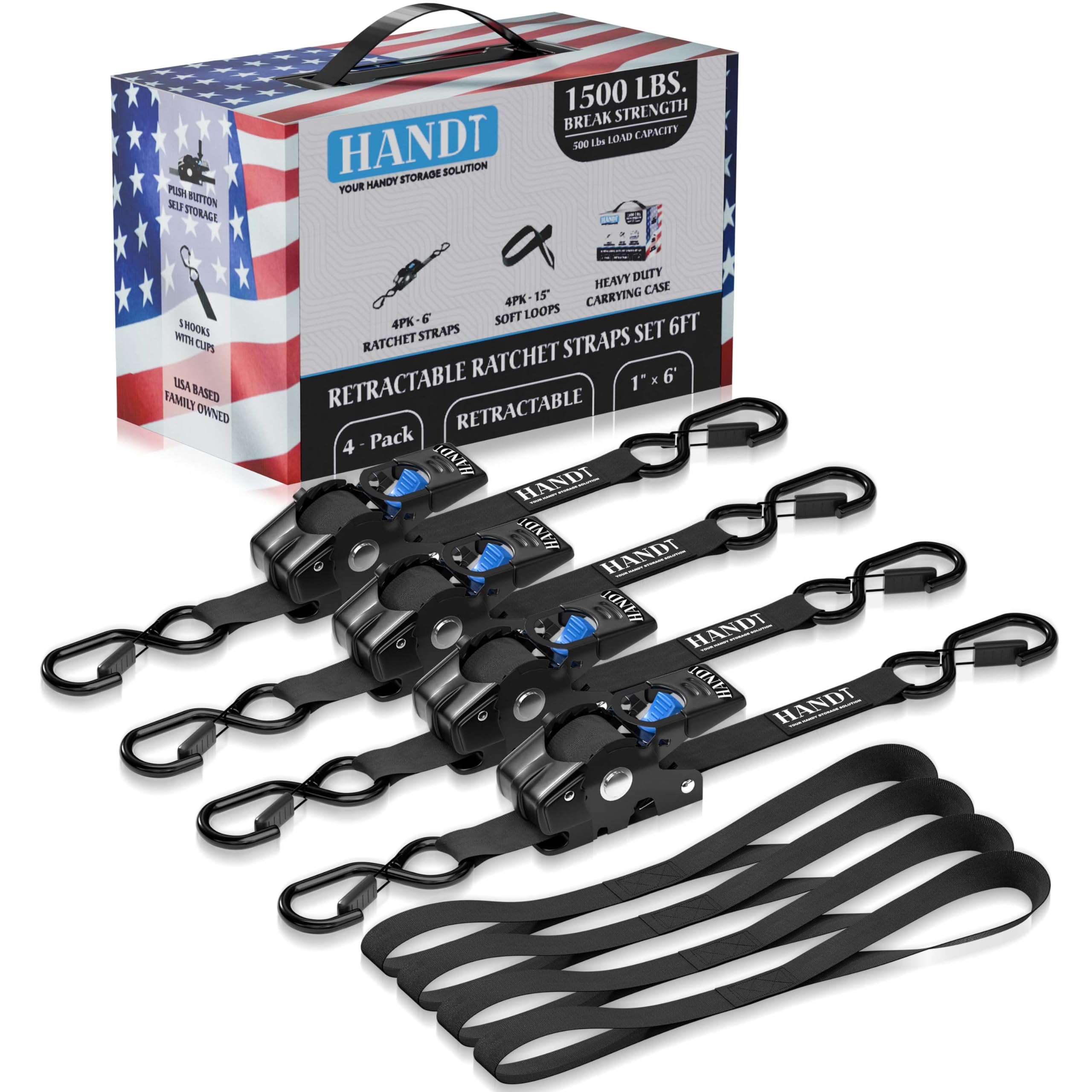 HANDT retractable ratchet strap 1in x 6ft, 4-pack for secure cargo.
