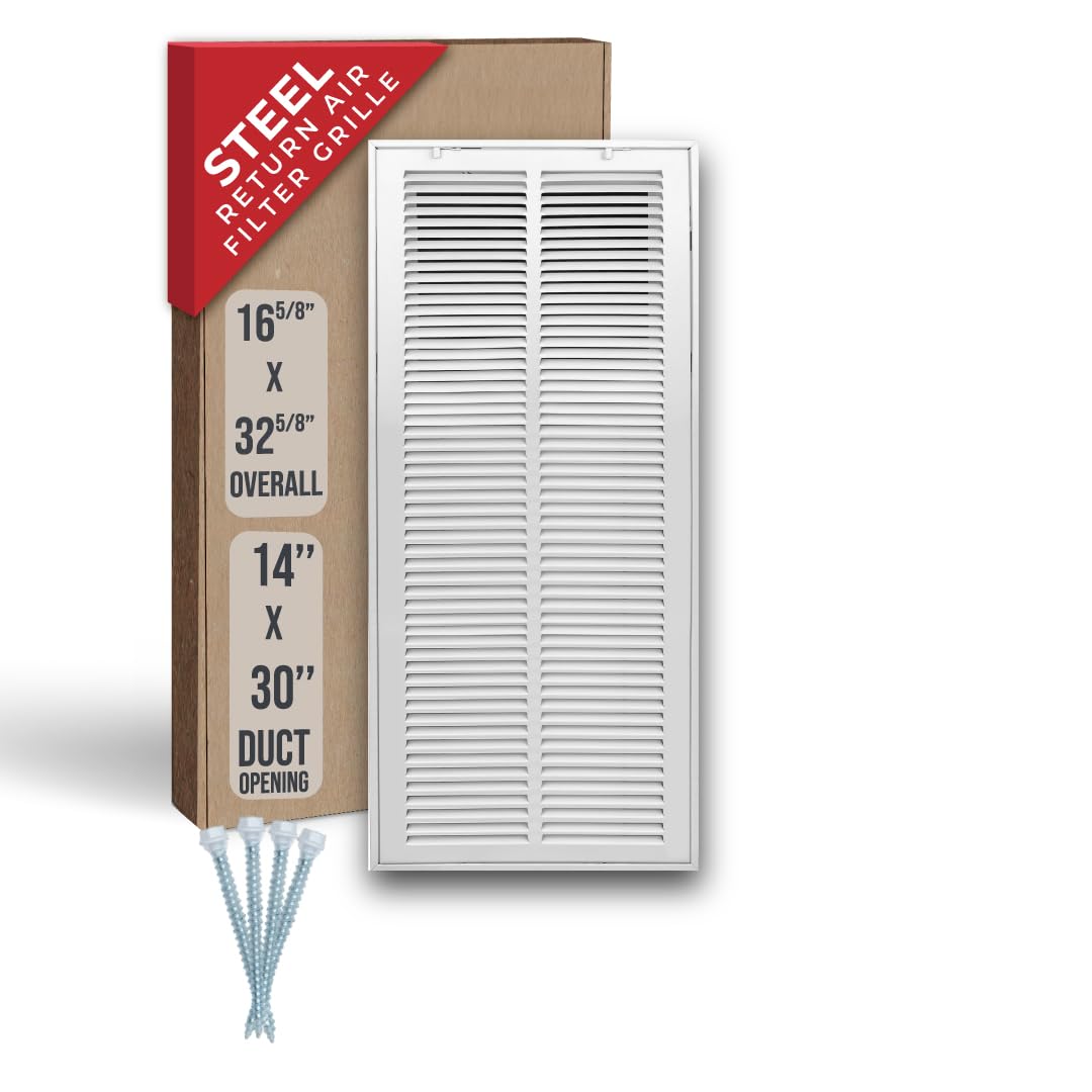 Handua steel return air grille with removable white door, 14x30, front view for easy filter access