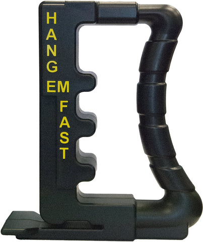 Hang Em Fast jig in use on joist hangers for level, flush mounting