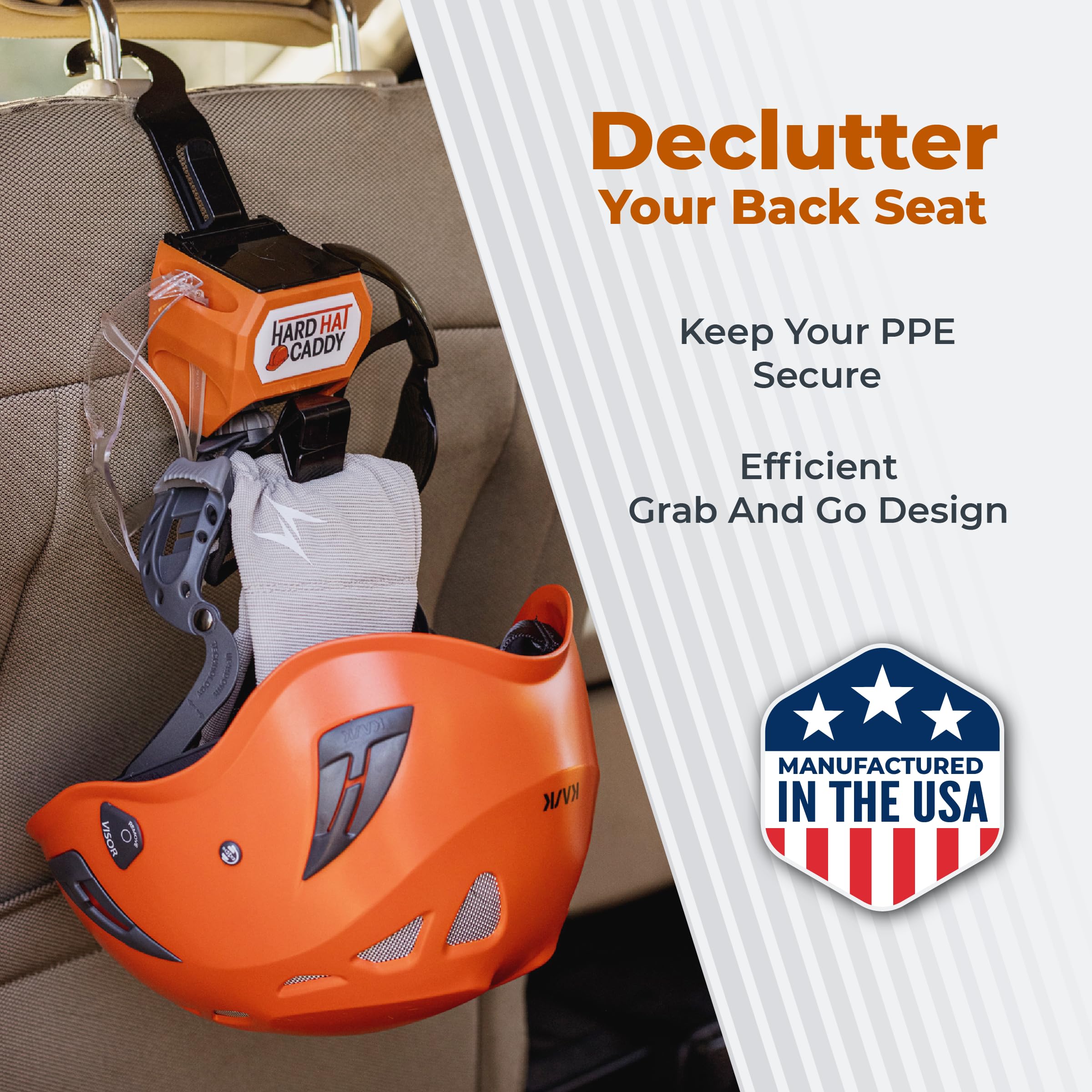 Hangen Hard Hat Caddy shown with belt clip, moving with the worker.