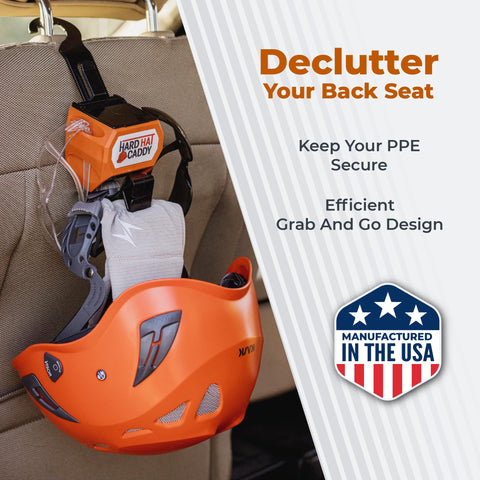Hangen Hard Hat Caddy shown with belt clip, moving with the worker.
