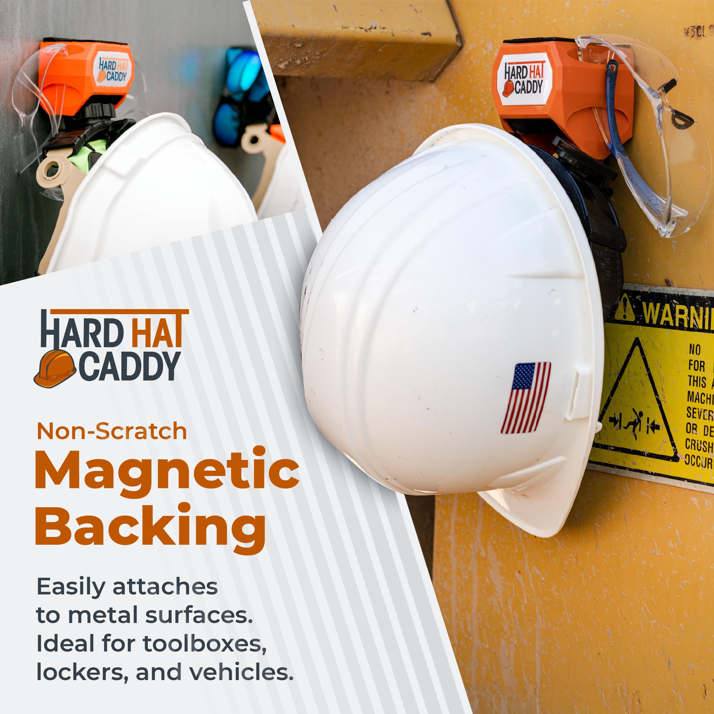 Hangen Hard Hat Caddy orange visibility enhances site safety.