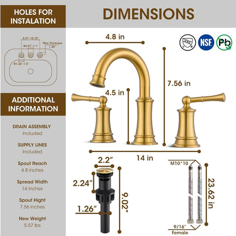 Hangoro brushed gold faucet side view highlights precise spout reach for vanity setups.