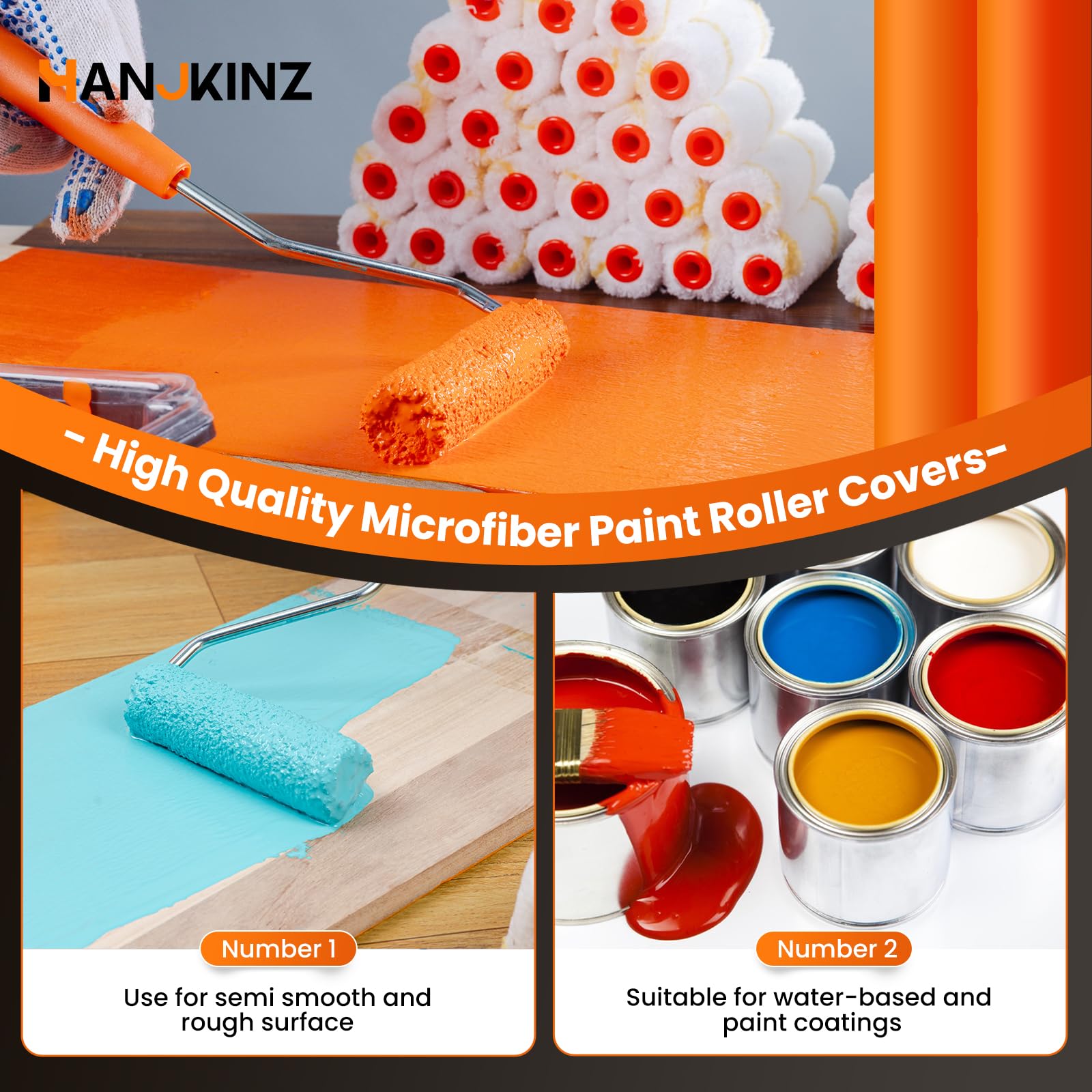 HANJKINZ 60-pack microfiber roller set laid out for DIY home painting projects