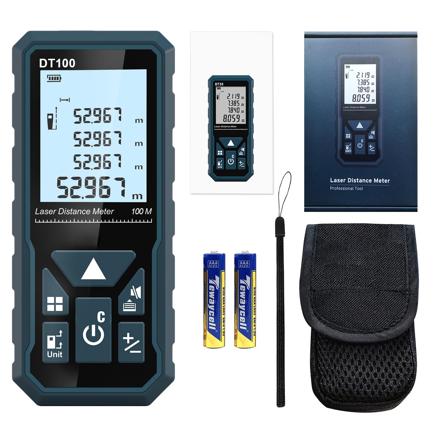 HANMATEK Laser Measure package includes batteries and carry case for immediate use.
