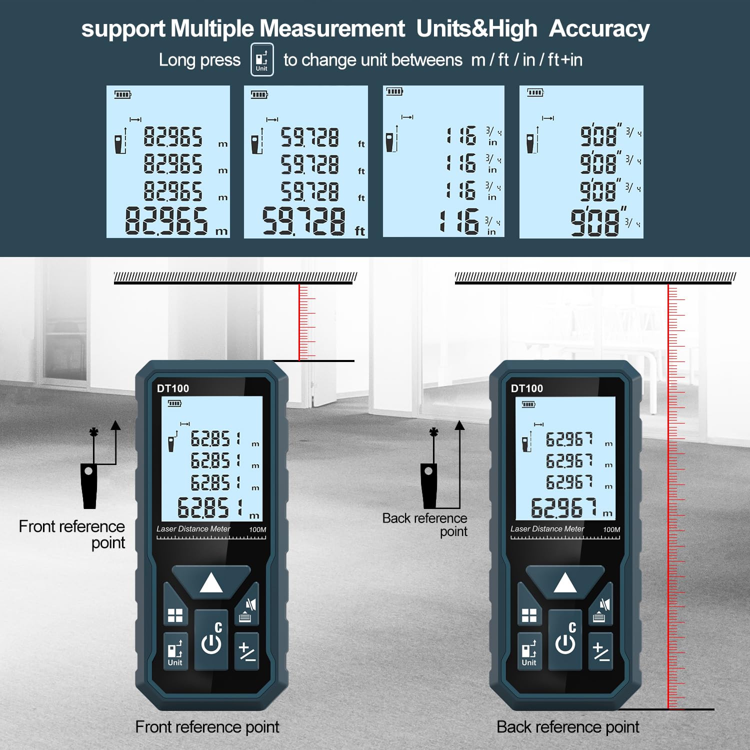 HANMATEK Laser Measure rubberized body provides a secure, comfortable grip.