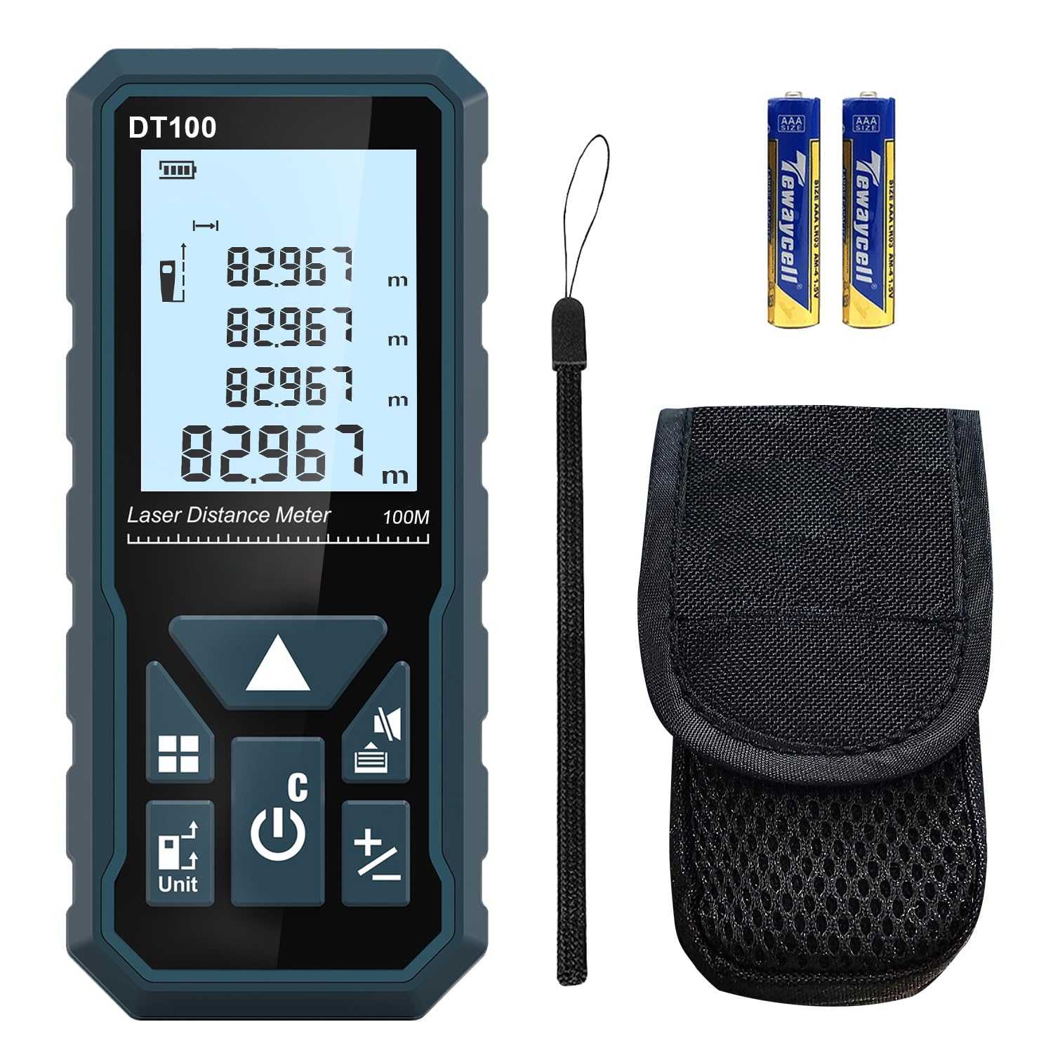 HANMATEK Laser Measure 328 ft front view for easy one-handed use.