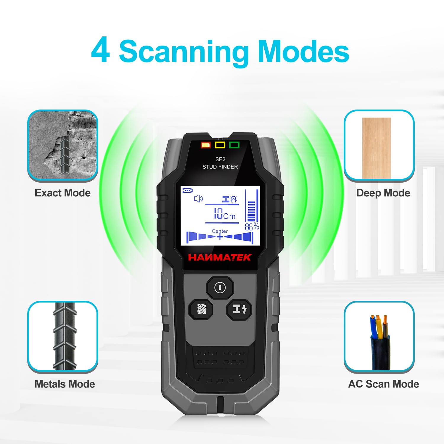 HANMATEK ferrous metal scan locates nails and rebar behind surfaces.