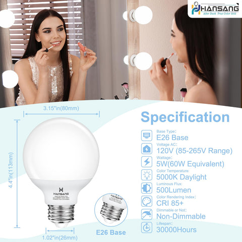 Hansang 5000k daylight LED globe bulb for true color in makeup routines.