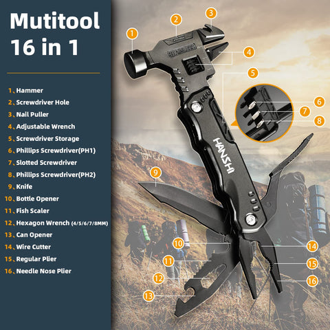 HANSHI survival multitool hammer in use, ideal for quick taps during outdoor tasks.