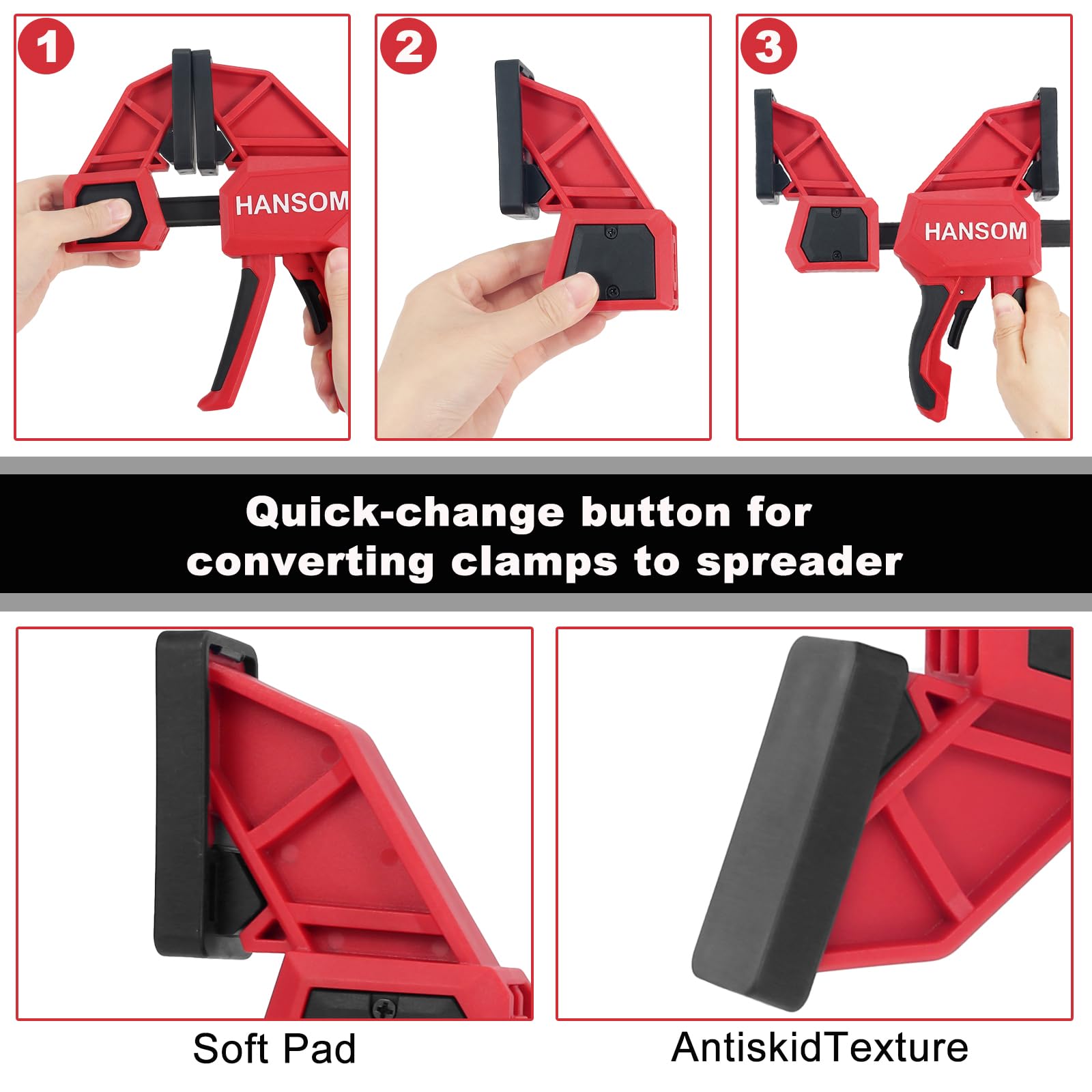 Replaceable fixed end enables quick switching between clamping and spreading.