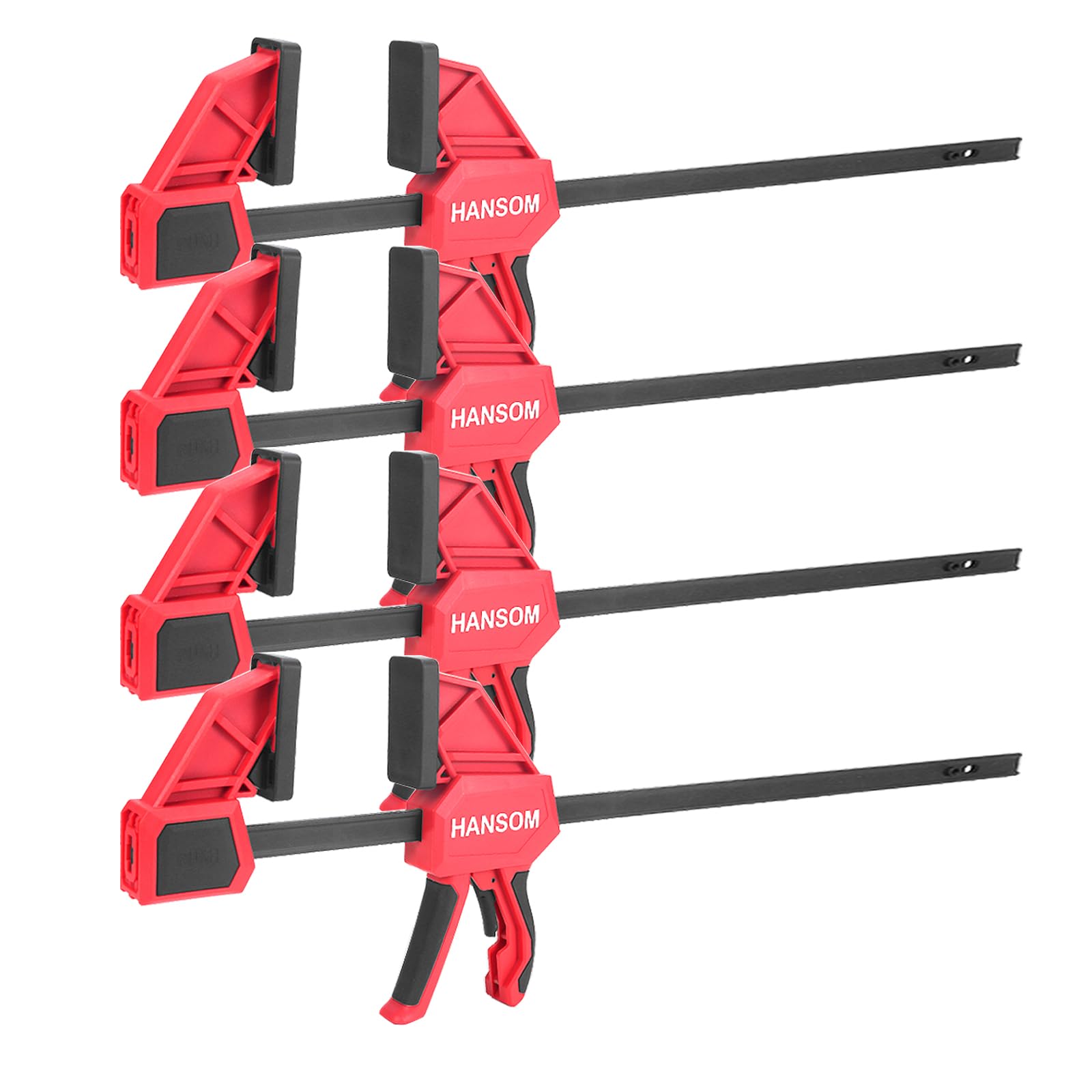 HANSOM Upgraded 4-Pack clamps with 24-inch bars for secure woodworking setups.