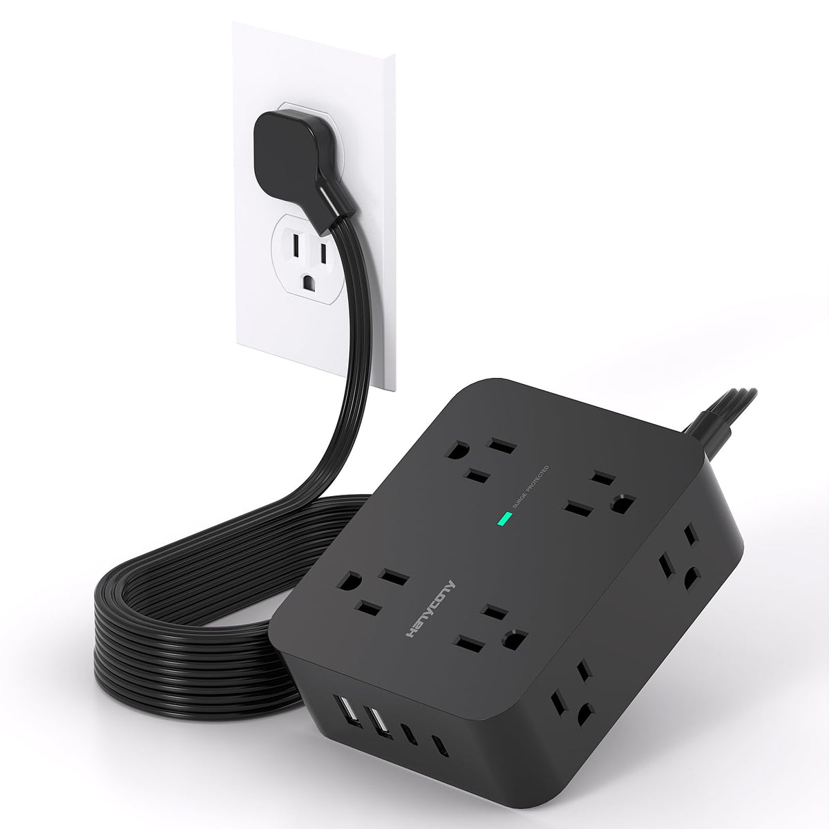 HANYCONY 10ft power strip with flat plug for tidy desk setup and wall clearance