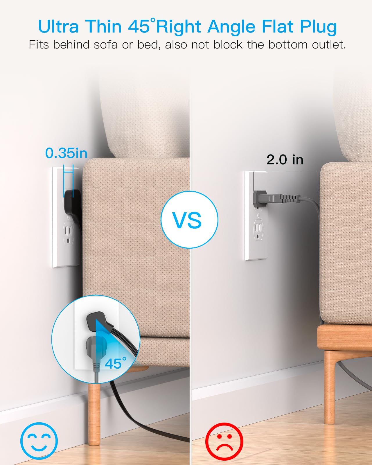 HANYCONY 45-degree right-angle flat plug keeps cords flush to the wall