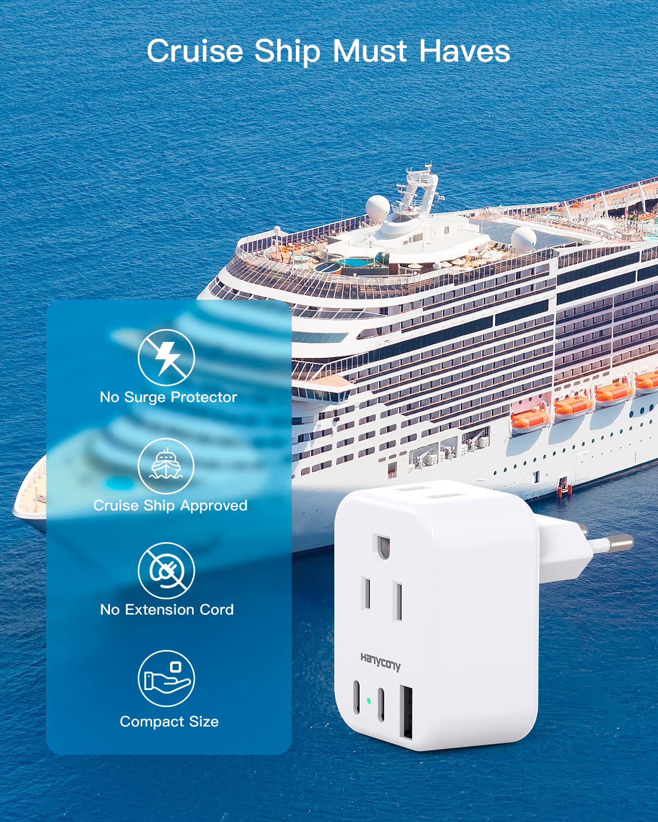 HANYCONY compact, lightweight travel adapter supports versatile charging.