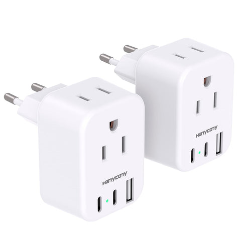 HANYCONY European plug adapter front view with two outlets and three USB ports for travel.