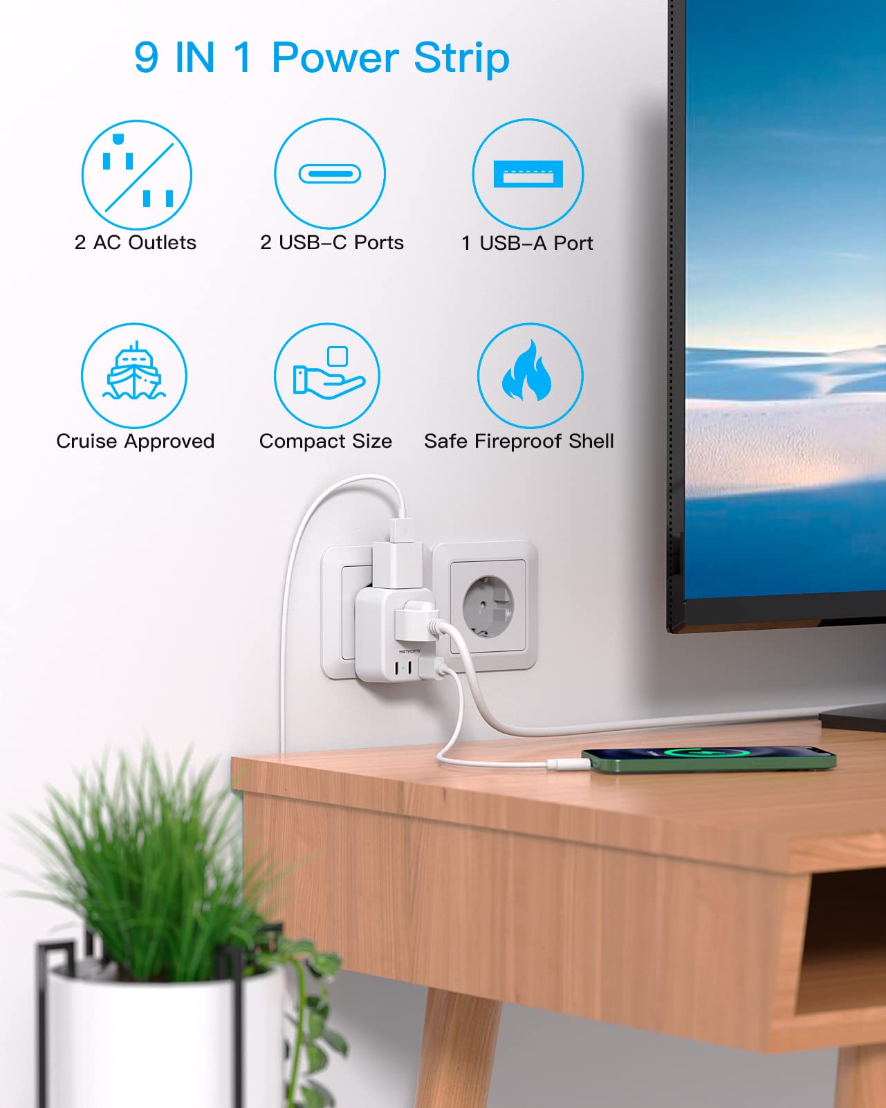 HANYCONY European adapter side-ports view for easy access.