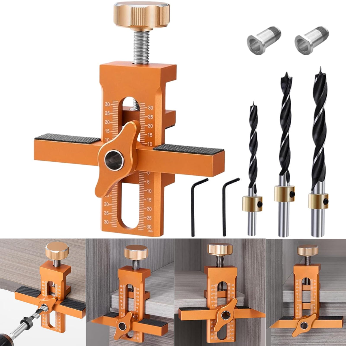 Hanzapor cabinet door installation jig in orange for precise mounting alignment.