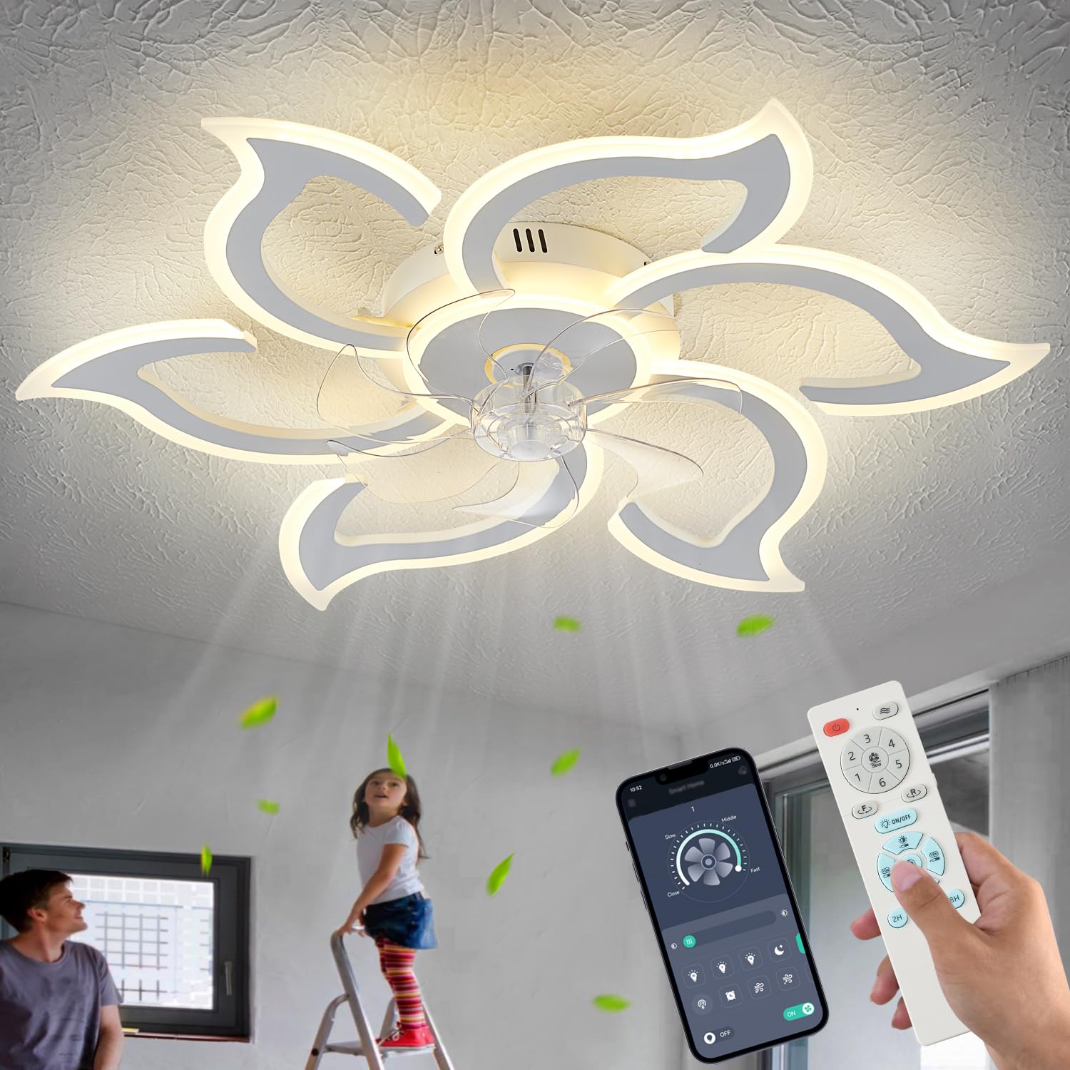 haodengshi 35-inch white flower ceiling fan angled view for stylish cooling