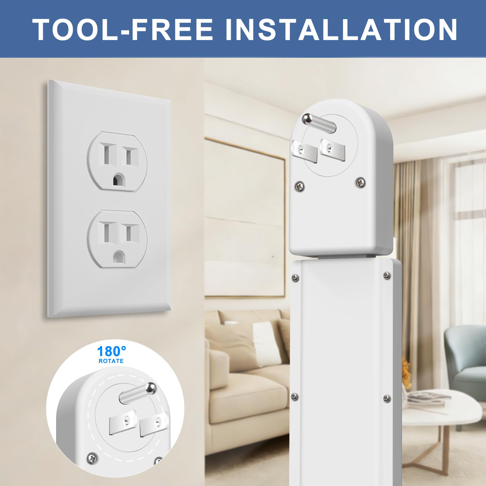 haodsso Electrical Outlet Extender Stick rotated 180 degrees for behind furniture.