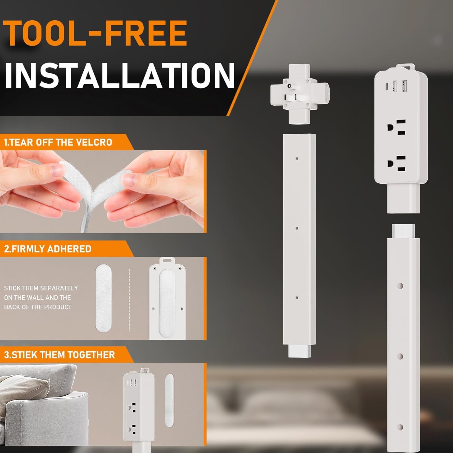 Haodsso Outlet Extender Stick 360-degree access for hard-to-reach outlets behind furniture.