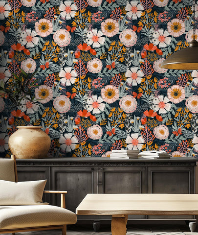 HAOKHOME blue-navy base with pale pink and coral flowers for bold style.