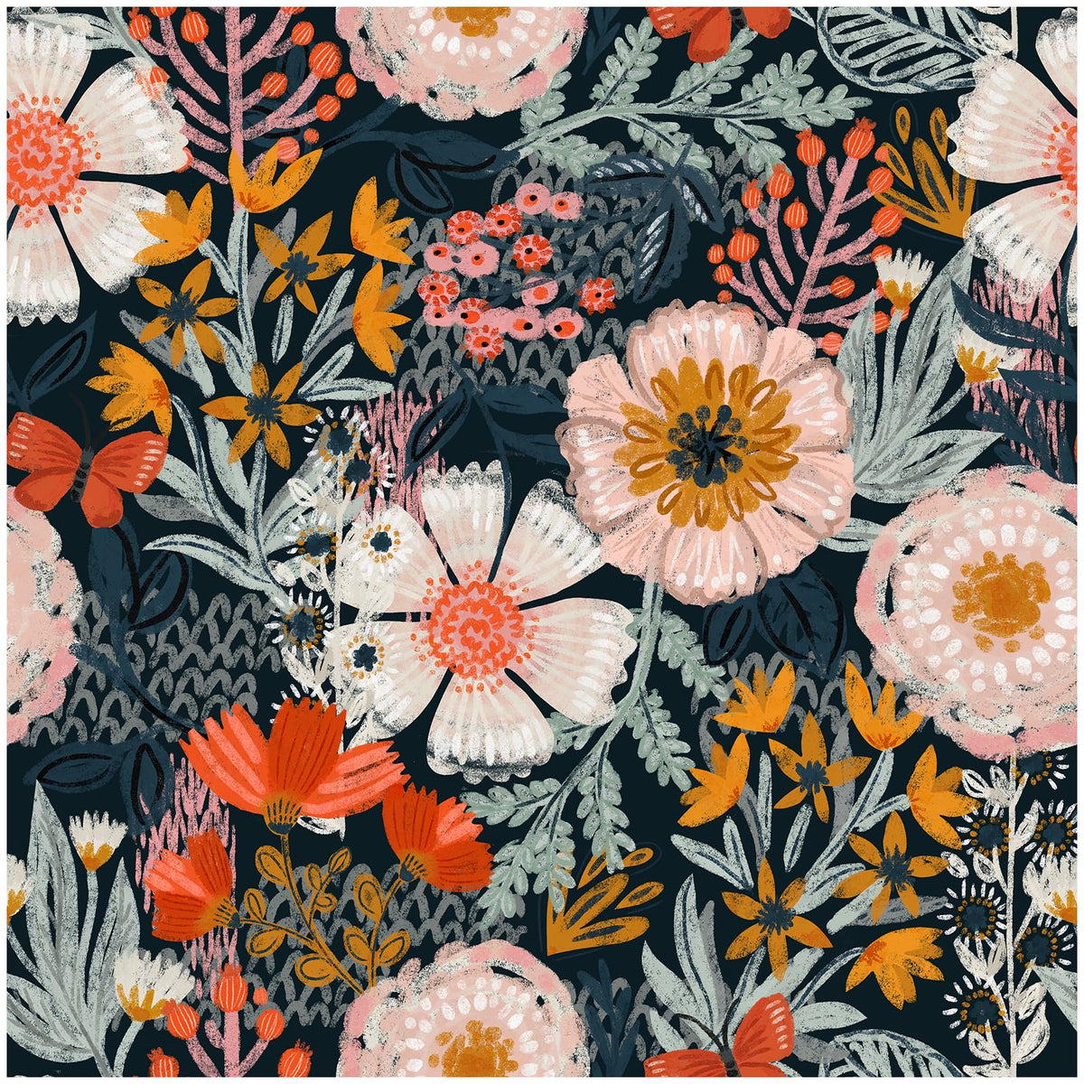HAOKHOME boho wallpaper close-up of navy floral pattern with pink and orange blooms.