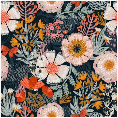 HAOKHOME boho wallpaper close-up of navy floral pattern with pink and orange blooms.