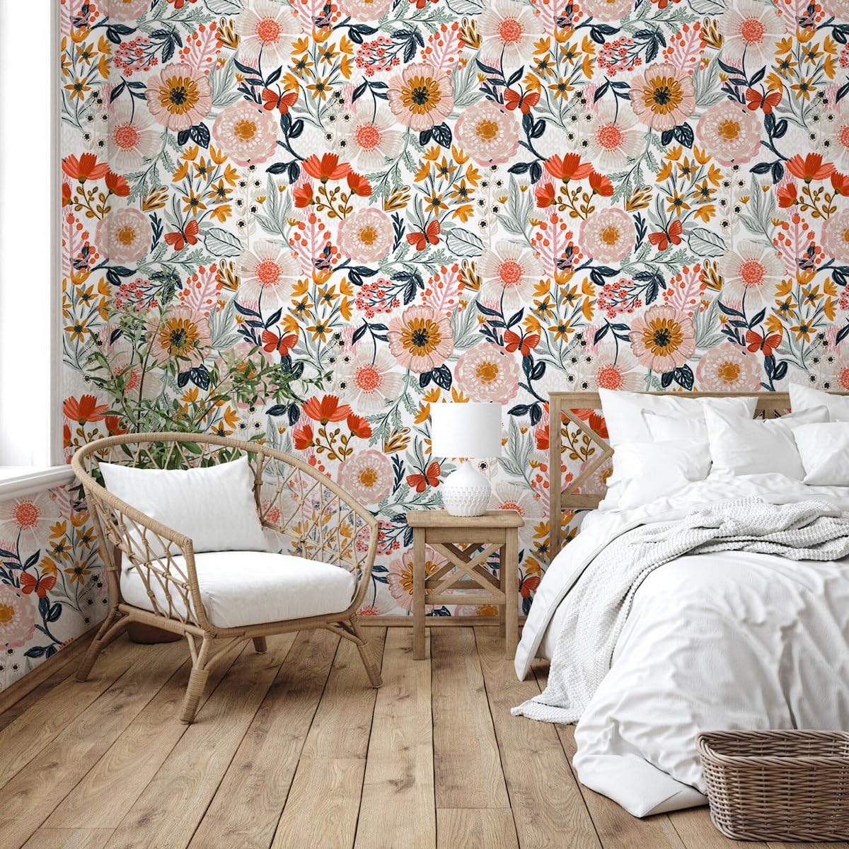 HAOKHOME boho-wallpaper blue-pink-turquoise floral motif for living spaces