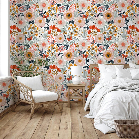 HAOKHOME boho-wallpaper blue-pink-turquoise floral motif for living spaces