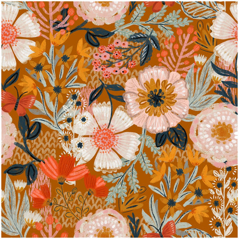 HAOKHOME floral boho wallpaper highlights orange-pink pattern for a vibrant living space.