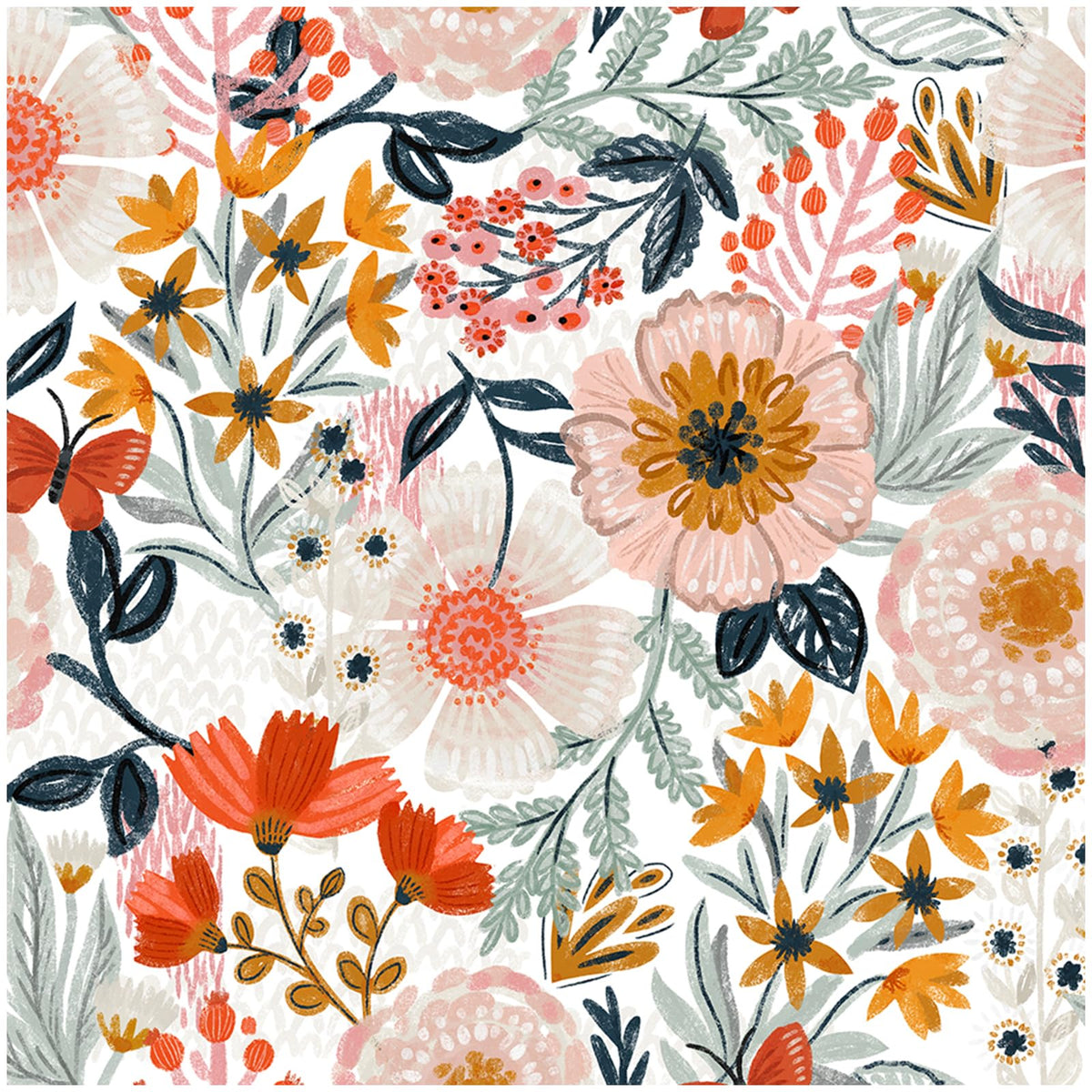 HAOKHOME boho-wallpaper floral-pattern on white-pink backdrop for bedrooms