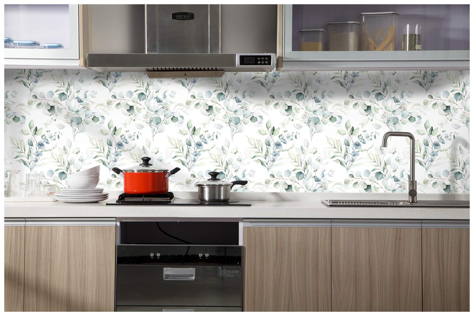HAOKHOME eucalyptus wallpaper upgrade for cabinets, drawers and shelving.