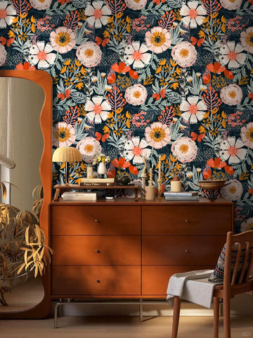 HAOKHOME wallpaper pattern close-up highlights turquoise leaves and colorful blooms.