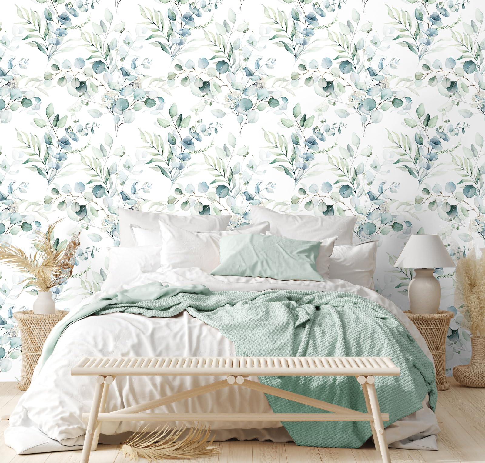 HAOKHOME eucalyptus leaf floral mural adds fresh boho style to living rooms.