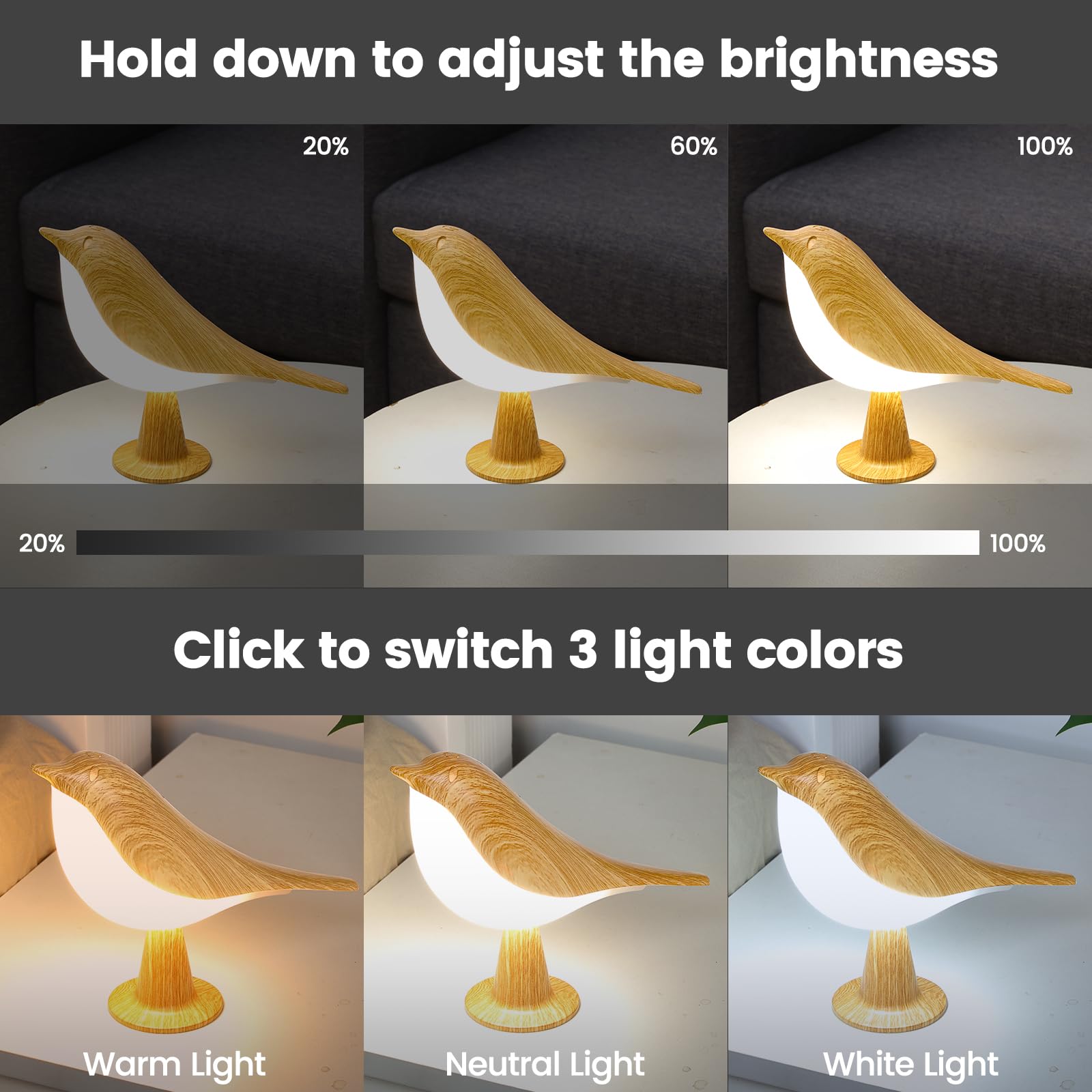 Haotao touch-control bird lamp side view showing easy on/off and color options.