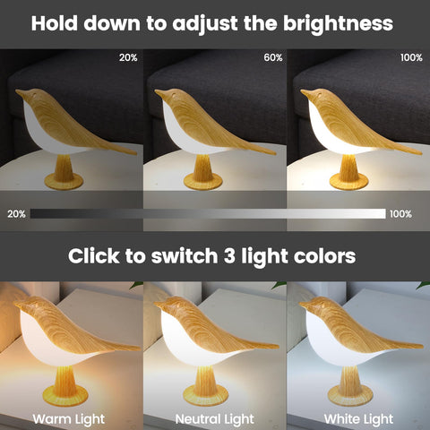 Haotao touch-control bird lamp side view showing easy on/off and color options.