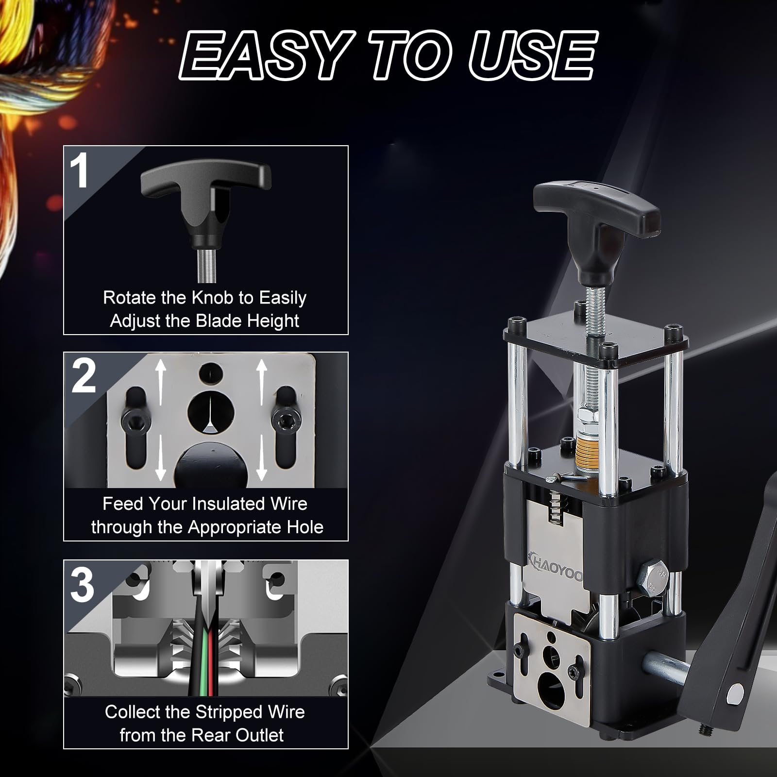 HAOYOO wire stripper machine drill-powered operation shows versatile speed