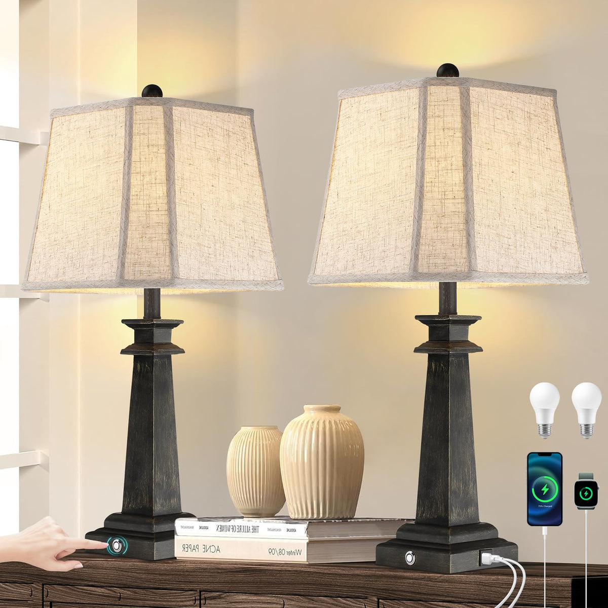 Hapcrea farmhouse table lamp set in distressed black and gold finish for cozy living room lighting.