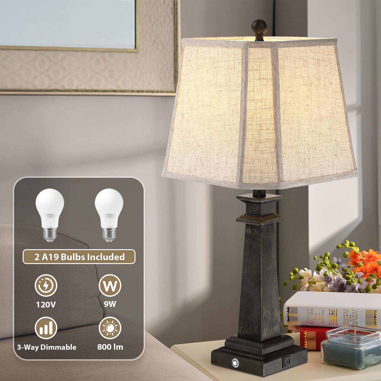 Hapcrea lamp base with USB A and C ports for easy charging.